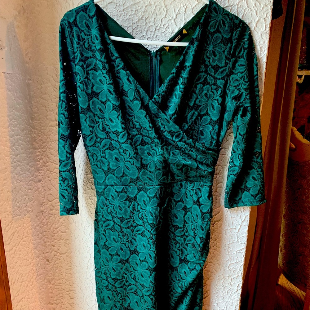 Lace V-neck, women’s lace sheath dress, size Medium.